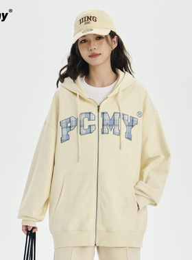 PCMY拼布字母开衫潮牌长袖2026秋冬新款连帽拉链宽松情侣卫衣外套