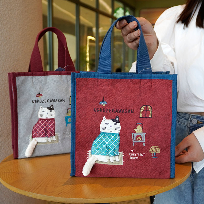 2024秋冬新款出口日本刺绣猫咪新潮手拎包购物摇粒绒通勤包便携