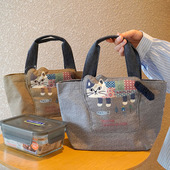 出口日本kusuguru刺绣猫咪加厚拉链手提包大容量通勤包日式 饭盒袋