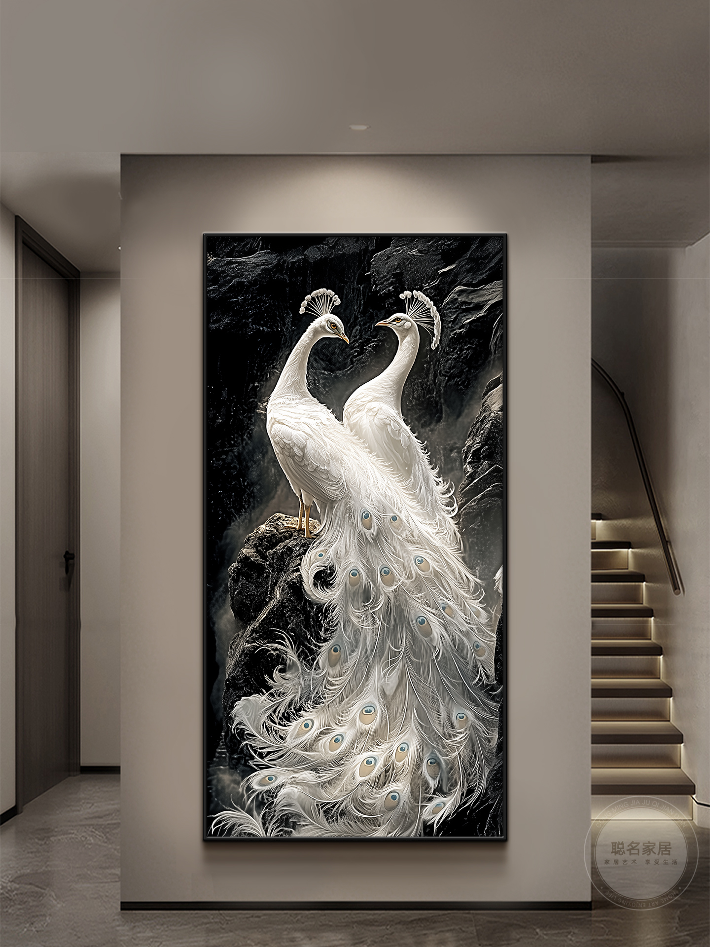 轻奢高级感孔雀玄关装饰画2025新款过道走廊尽头挂画立体浮雕壁画