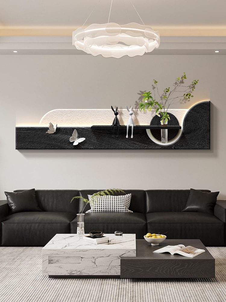 轻奢高雅客厅沙发背景墙装饰画水培绿色植物高雅挂画立体砂岩墙灯