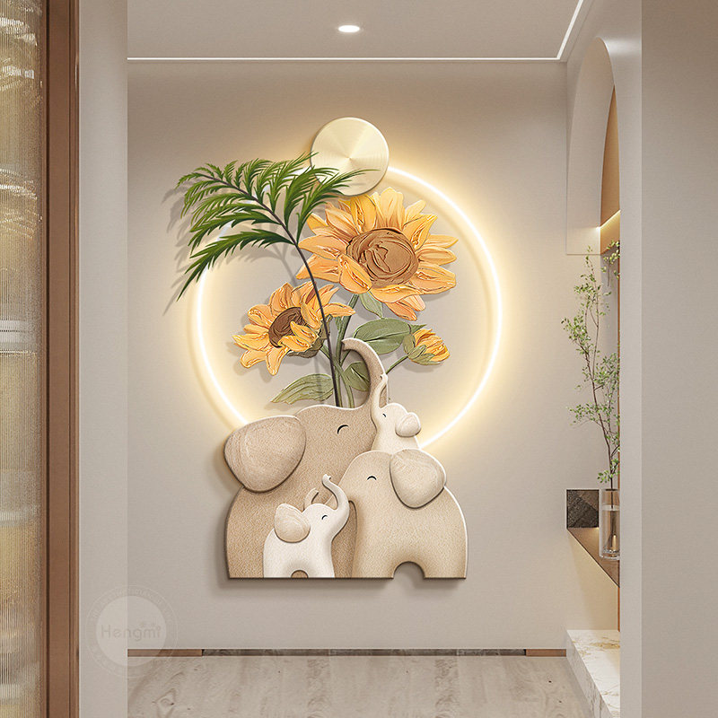 向日葵玄关装饰画led灯画北欧奶油风大象客厅墙壁画走廊过道挂画