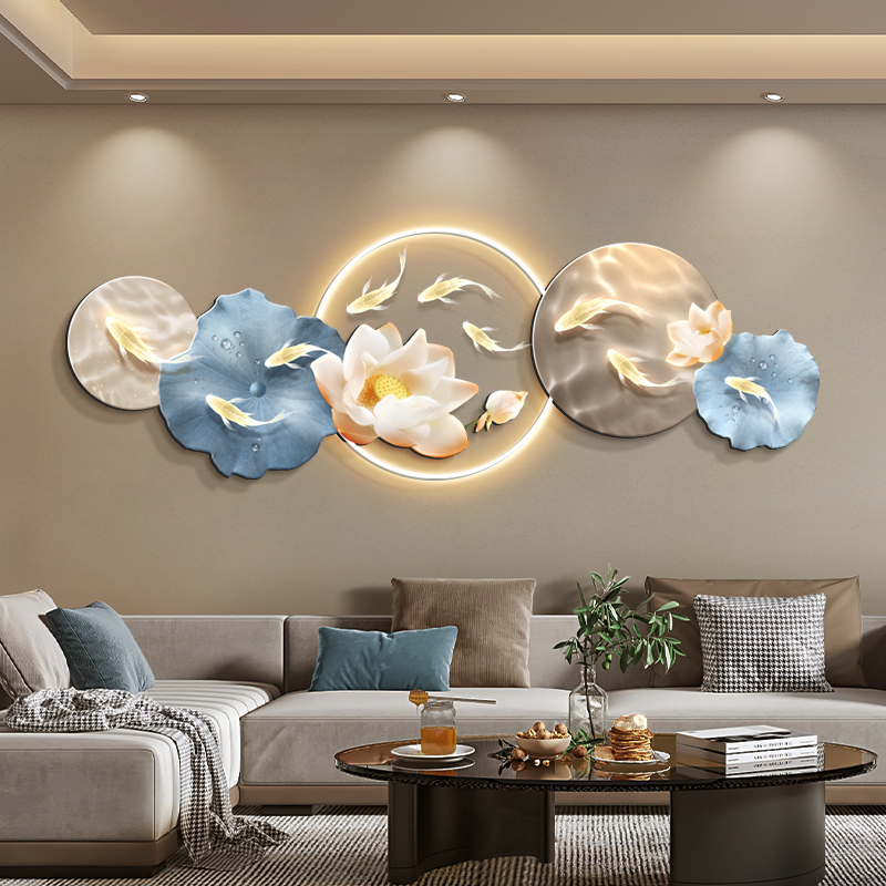 九鱼聚财图客厅装饰挂画高级感沙发背景墙壁画轻奢创意灯画寓意好图片