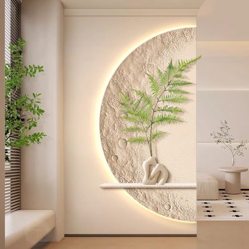 侘寂风月球玄关装饰画绿植肌理走廊过道挂画立体砂岩入户门壁灯画