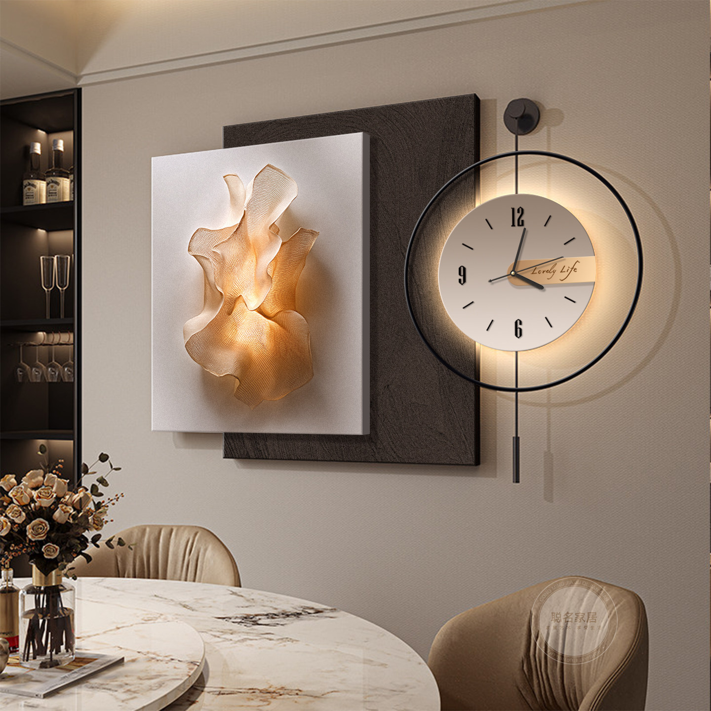 轻奢餐厅装饰画立体高级感饭厅餐桌背景墙壁灯画客厅钟表砂岩挂画