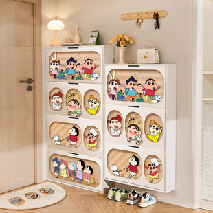 蜡笔小新实木鞋柜家用门口奶油风实木收纳柜入户玄关柜子一体整装