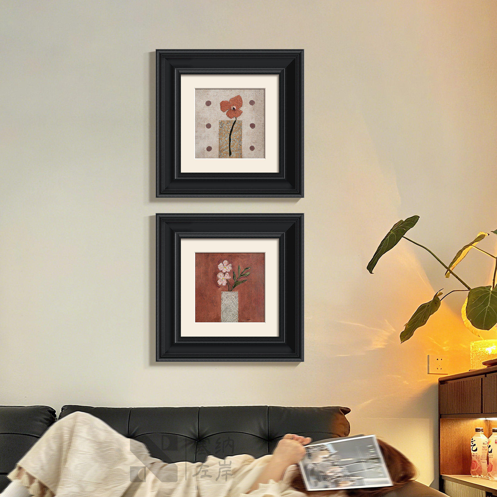 《隅花意》客厅沙发背景墙装饰画中古风2026新款壁画艺术组合挂画,家居饰品,现代装饰画,淘宝优惠券,粉丝福利购,淘宝优惠卷