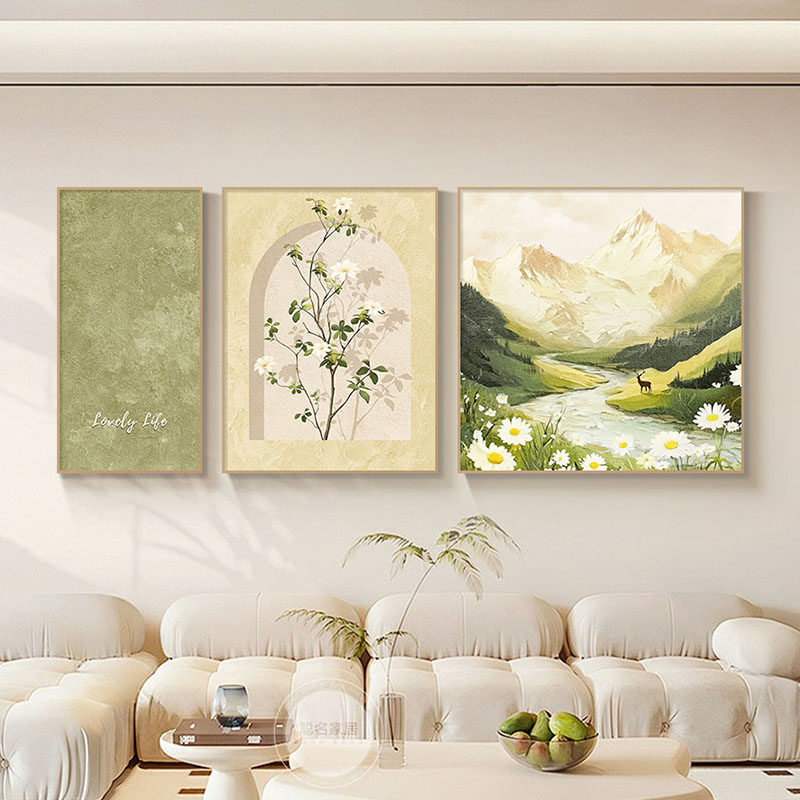 奶油风客厅装饰画日照金山沙发背景墙挂画原木风山水风景高档壁画