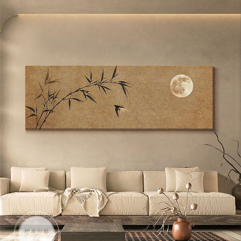 侘寂风客厅装饰画竹子高级感沙发背景墙挂画新中式禅意茶室砂岩画