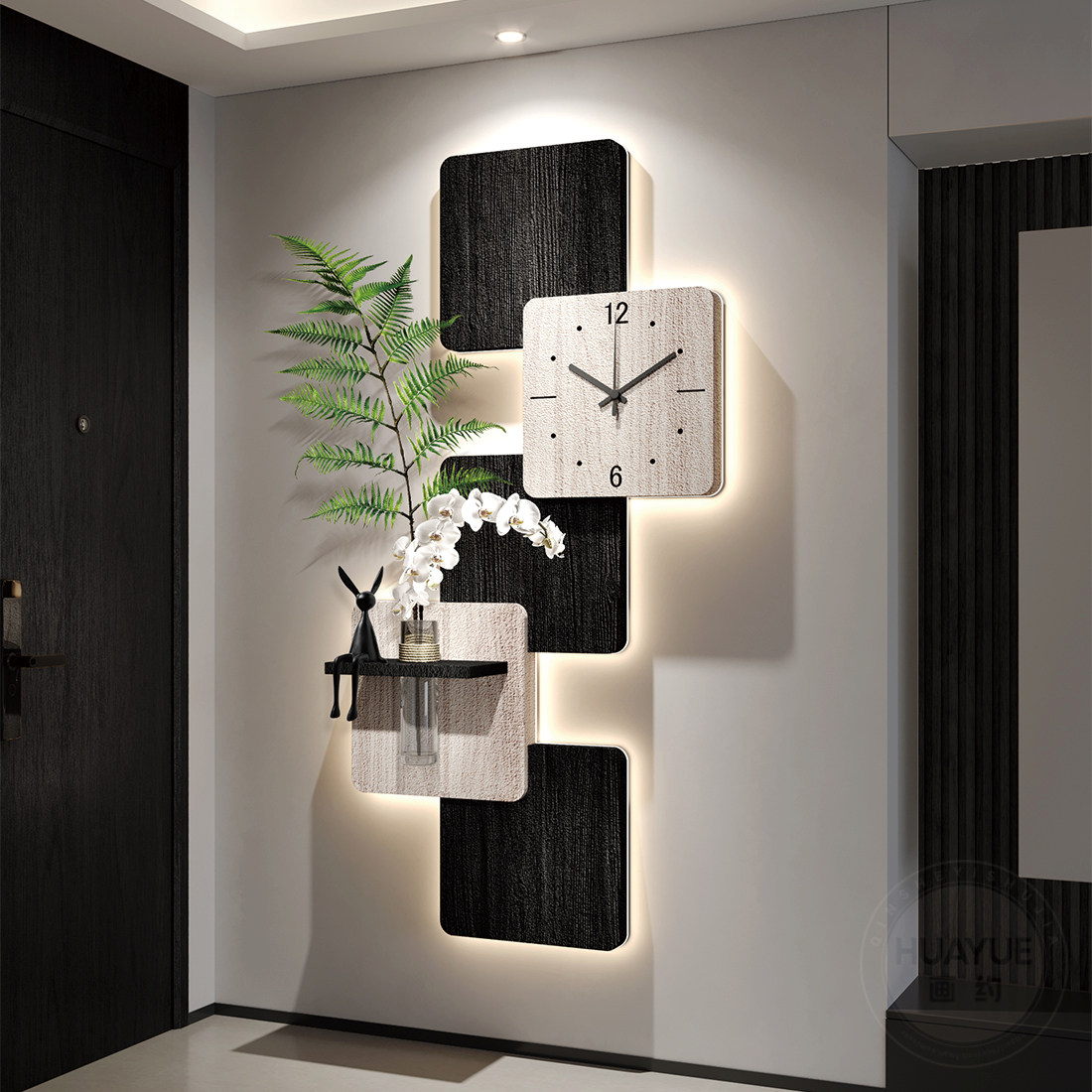 简约现代高端入户玄关装饰画水培绿植走廊过道感应挂画高级感钟表