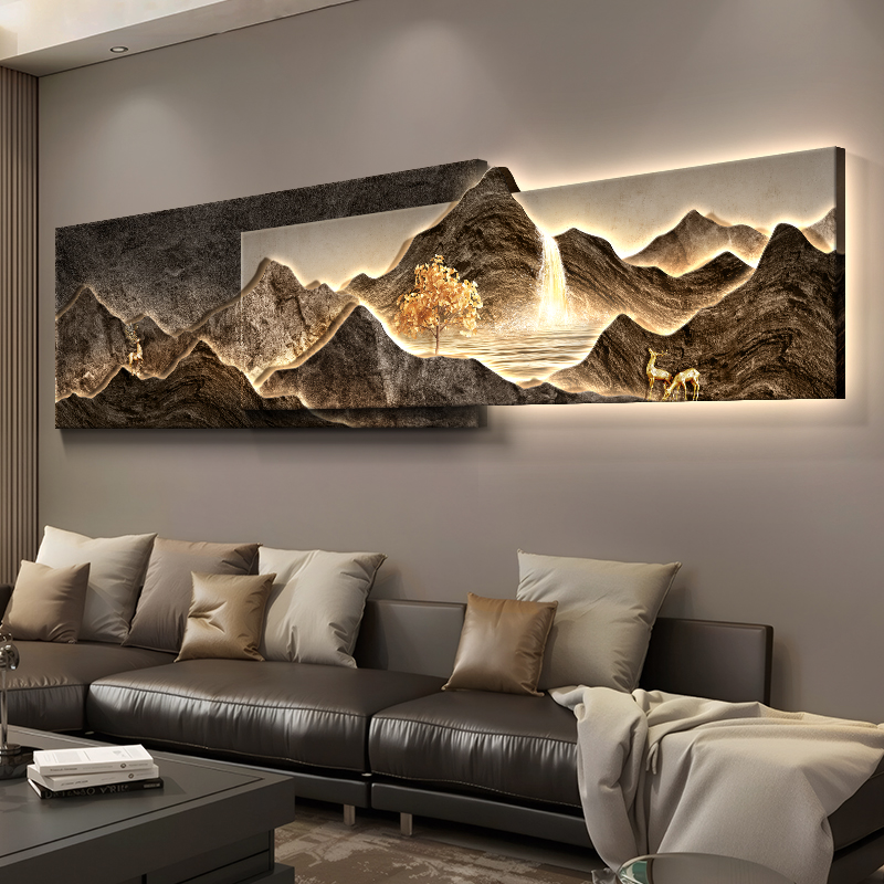 背有靠山客厅装饰画现代轻奢沙发背景墙壁画灯大气高级感山水挂画