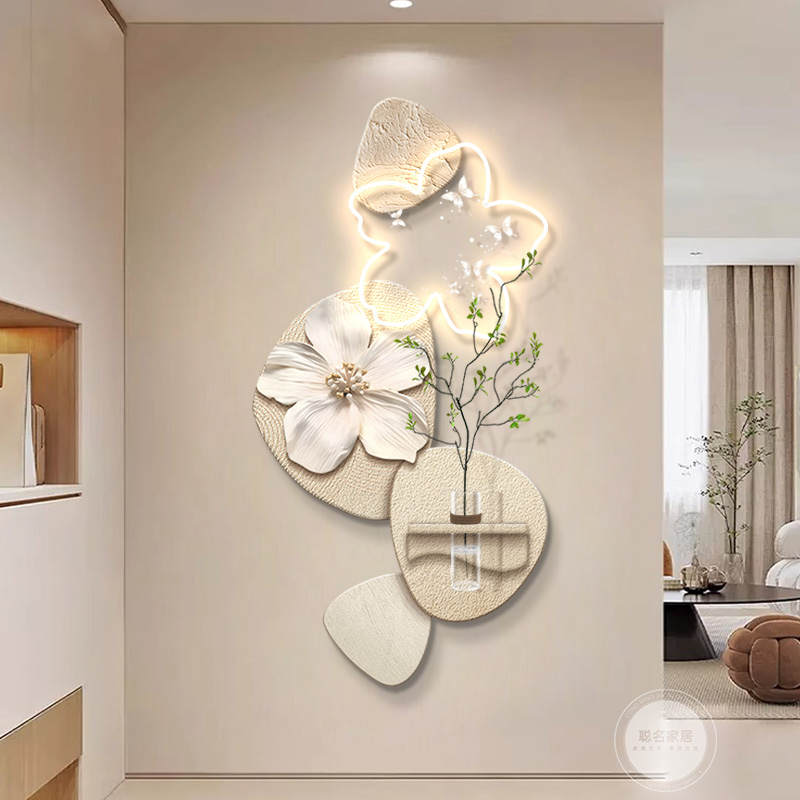 石来运转玄关装饰画水培绿植入户走廊过道挂画奶油风立体砂岩画图片