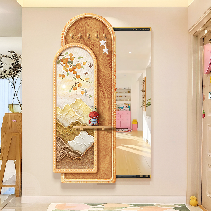 奶油风洞板穿衣镜隐藏式可