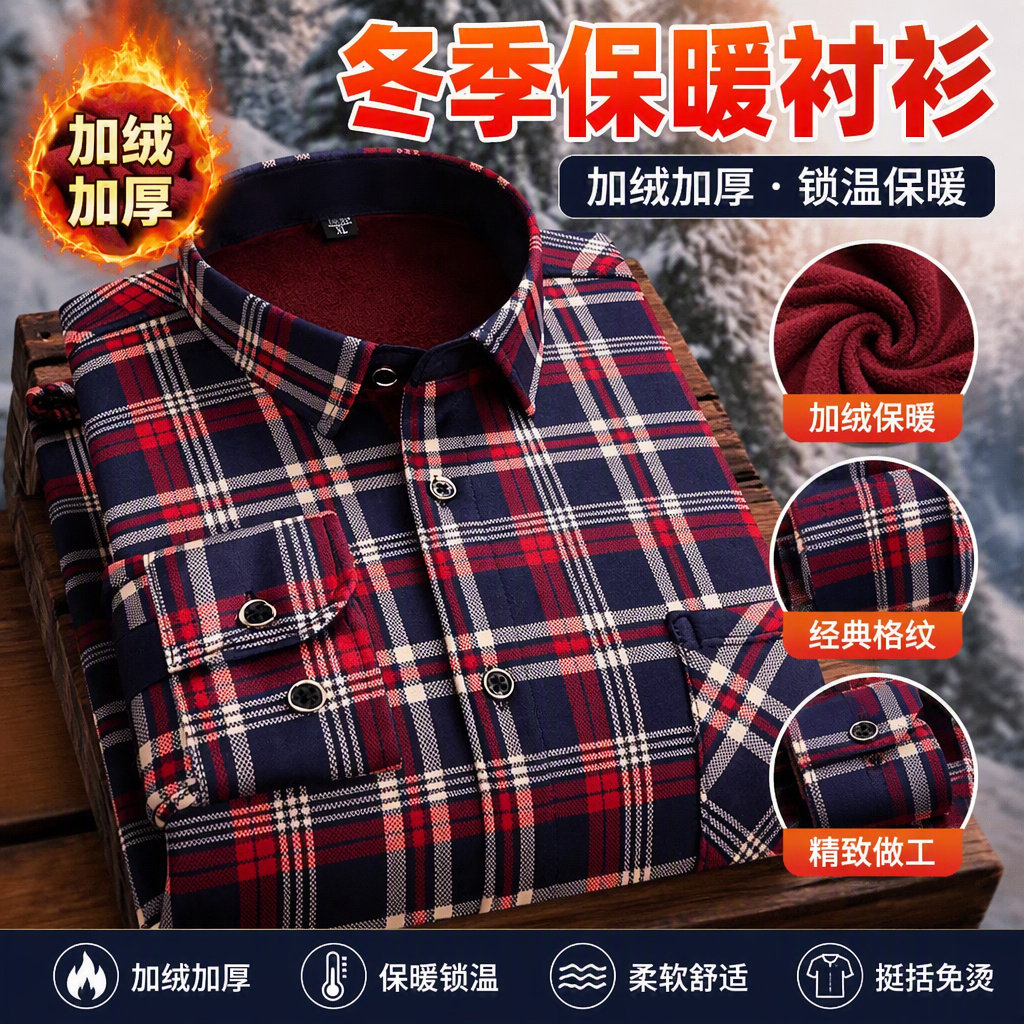 中老年男冬季加绒加厚格子衬衫