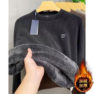加绒加厚保暖卫衣男圆领套头抓绒打底衫宽松上衣冬季奥粒绒卫衣