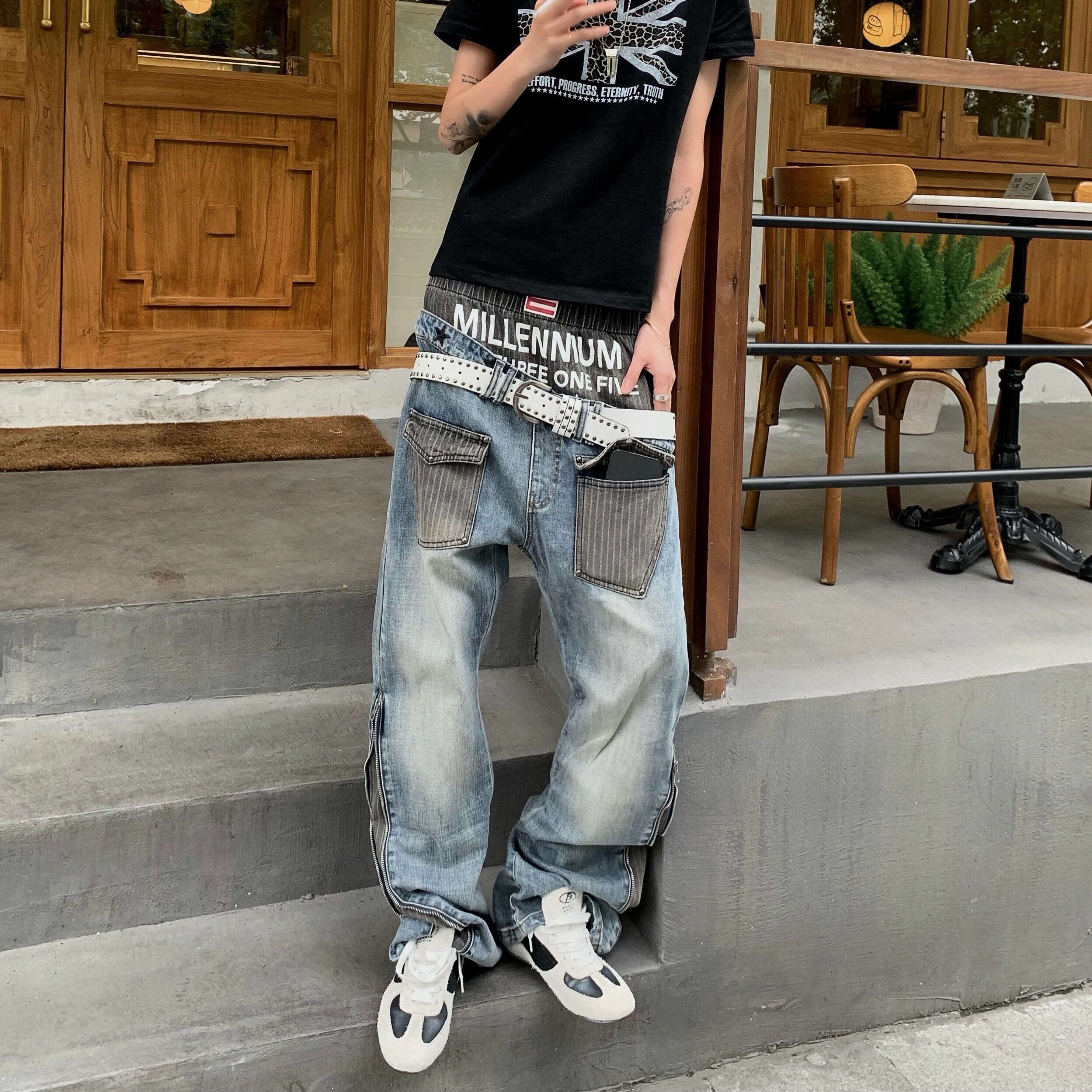 Start美式双腰斜面拼接条纹印花微喇牛仔裤男baggy街头窄版长裤子