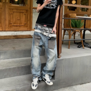 Start美式双腰斜面拼接条纹印花微喇牛仔裤男baggy街头窄版长裤子