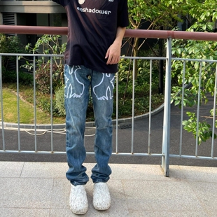 Start欧美式高街水洗和平鸽刺绣牛仔裤男潮牌街头嘻哈直筒长裤子