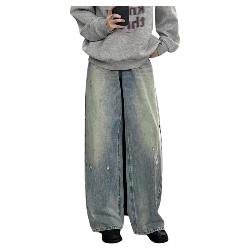 美式复古水洗破洞阔腿牛仔裤