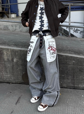 Satrt反穿口袋印花拼接牛仔裤男美式复古水洗设计感宽松阔腿裤