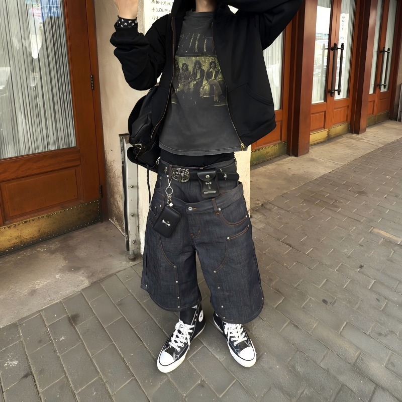 Start美式复古街头水洗伐木工装牛仔短裤男小众铆钉双腰头七分裤 - 实物图