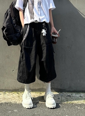 Start美式高街复古水洗大口袋阔腿七分牛仔裤男夏季宽松工装中裤