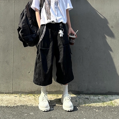 复古水洗大口袋阔腿七分牛仔裤