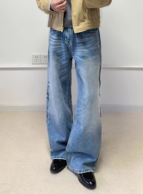 Start美式水洗做旧蓝色猫须微喇牛仔裤男cleanfit休闲阔腿长裤子