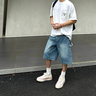 百搭宽松休闲五分裤 男女夏季 街头水洗做旧拼接牛仔短裤 Start美式