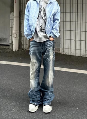 Satrt高街cleanfit裤子美式水洗复古宽松微喇牛仔裤直筒长裤