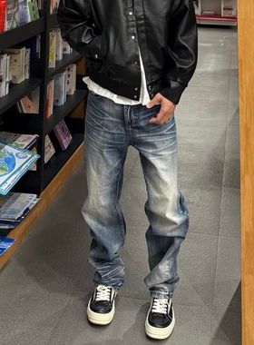 Start美式复古休闲水洗猫须牛仔裤男cleanfit街头宽松直筒长裤子