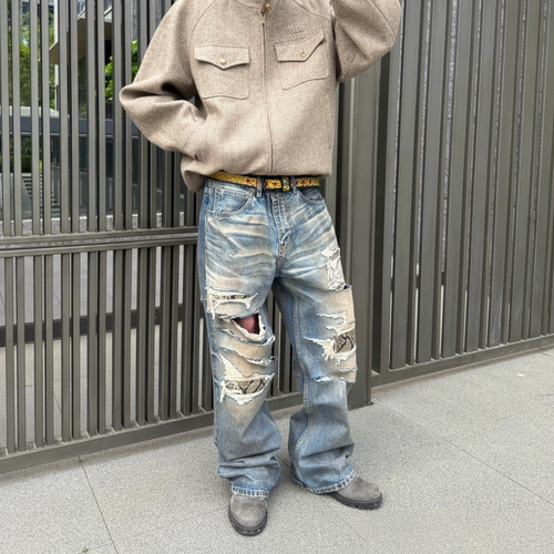 美式复古水洗做旧破洞阔腿裤