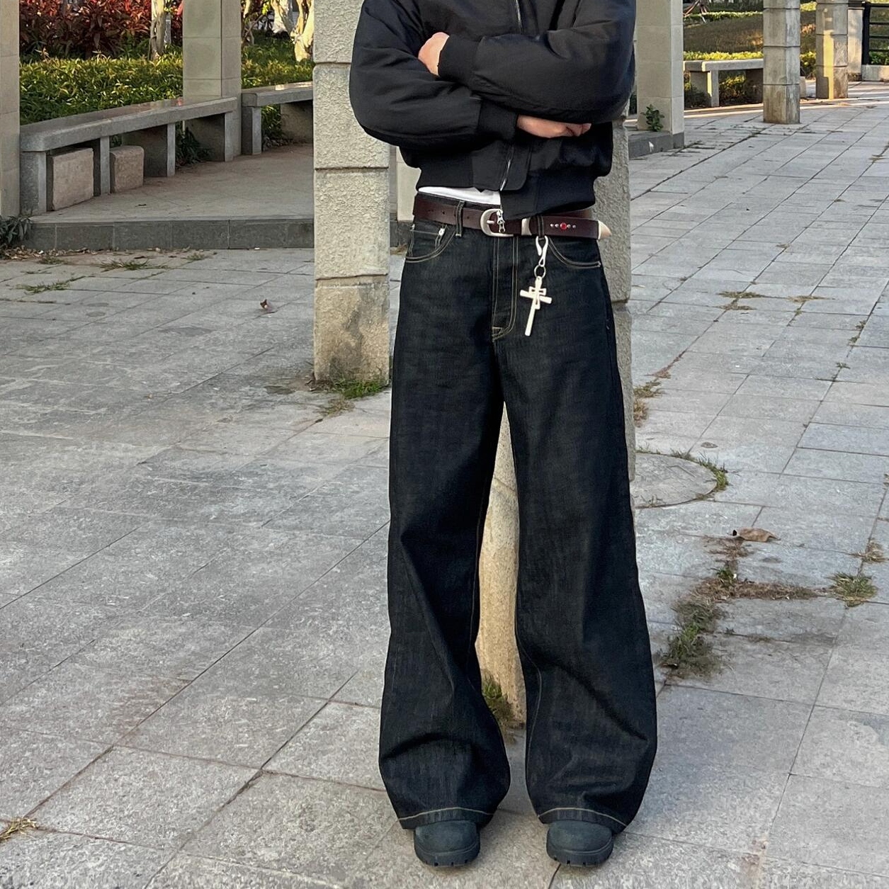 Start美式复古原黑阔腿牛仔裤男百搭休闲宽松直筒cleanfit长裤子