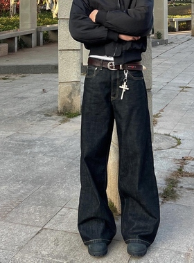 Start美式复古原牛黑阔腿牛仔裤男百搭休闲宽松直筒cleanfit长裤