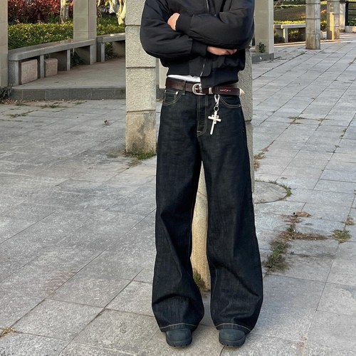 美式复古原黑阔腿牛仔裤男
