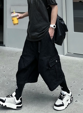 Start美式高街复古水洗大口袋阔腿七分牛仔裤男夏季百搭宽松短裤