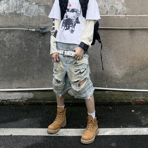小众设计感复古双腰头破洞牛仔裤