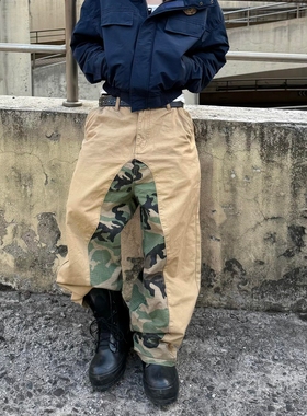 Start美式设计感卡其色拼接迷彩阔腿工装裤男女潮牌宽松直筒裤子