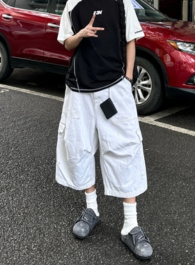 Start美式白色多口袋工装七分牛仔裤男cleanfit潮牌宽松阔腿中裤