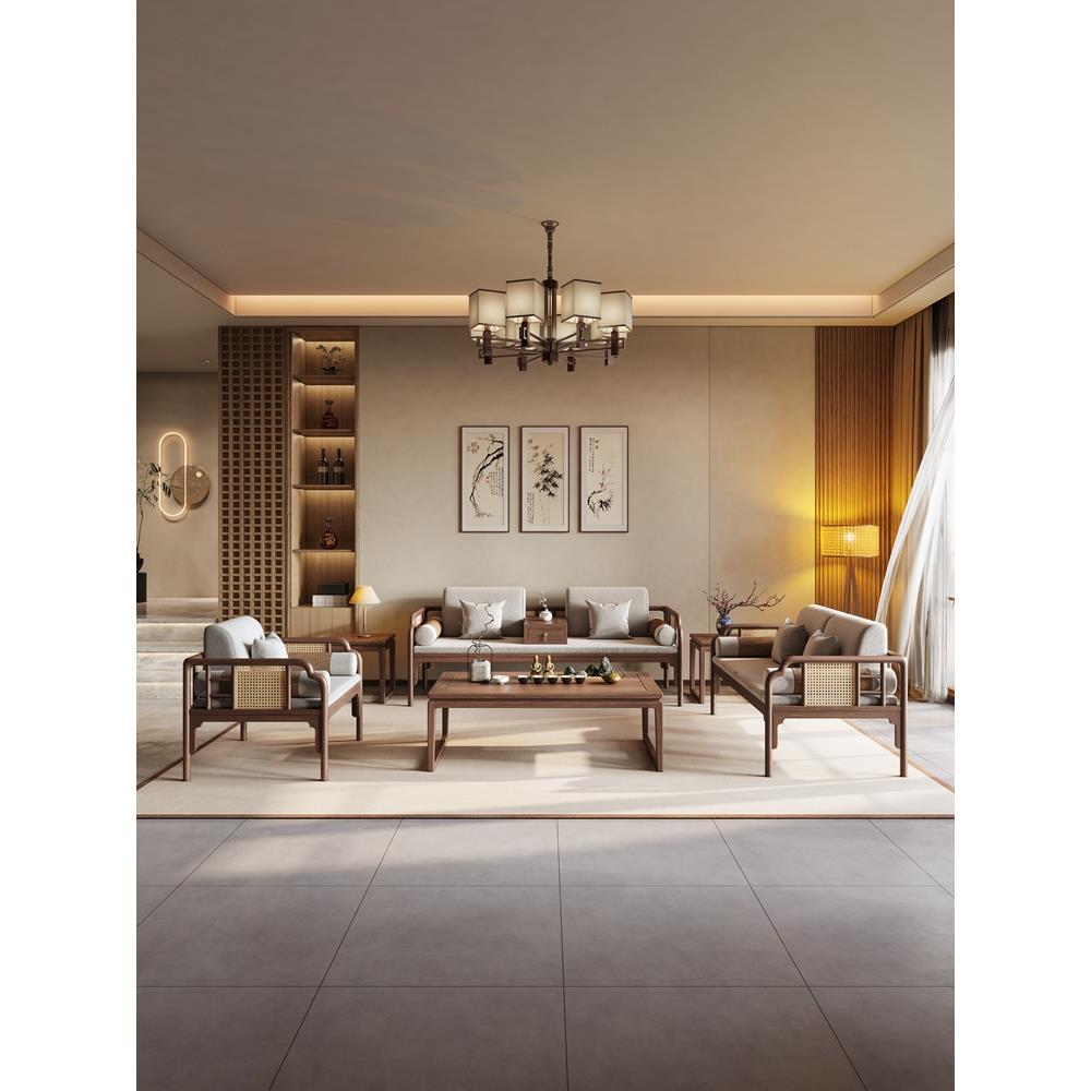 新中式宋式美学沙发北美黑胡桃木侘寂风办公室中古风藤编实木家具