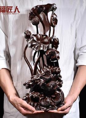 黑檀木雕刻年年有余 余根雕红木家居客厅玄关摆件装饰工艺礼品摆