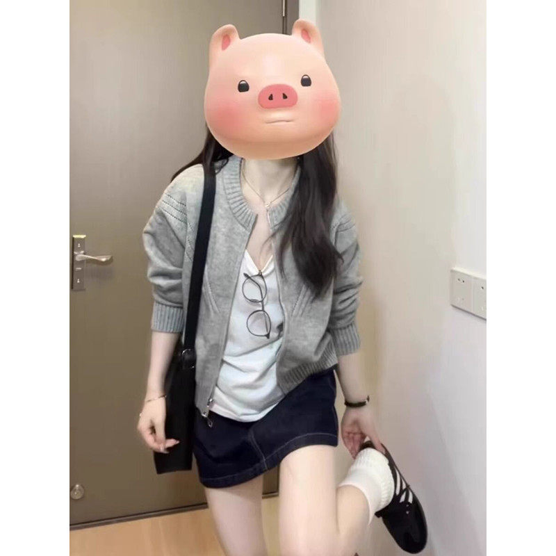 秋装搭配一整套俏皮活泼小个子学院风拉链毛衣女两件套装