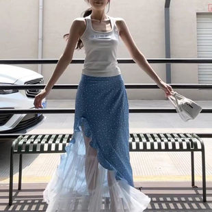 夏装 女 搭配一整套韩系chic法式 甜辣风上衣网纱拼接碎花半身裙套装