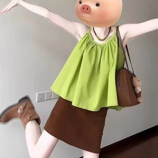 清纯系穿搭一整套减龄小个子甜美巨好看吊带上衣裙子两件套装 夏季