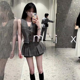 夏装 女 搭配一整套轻熟风御姐港味复古chic马甲上衣百褶裙时尚 套装