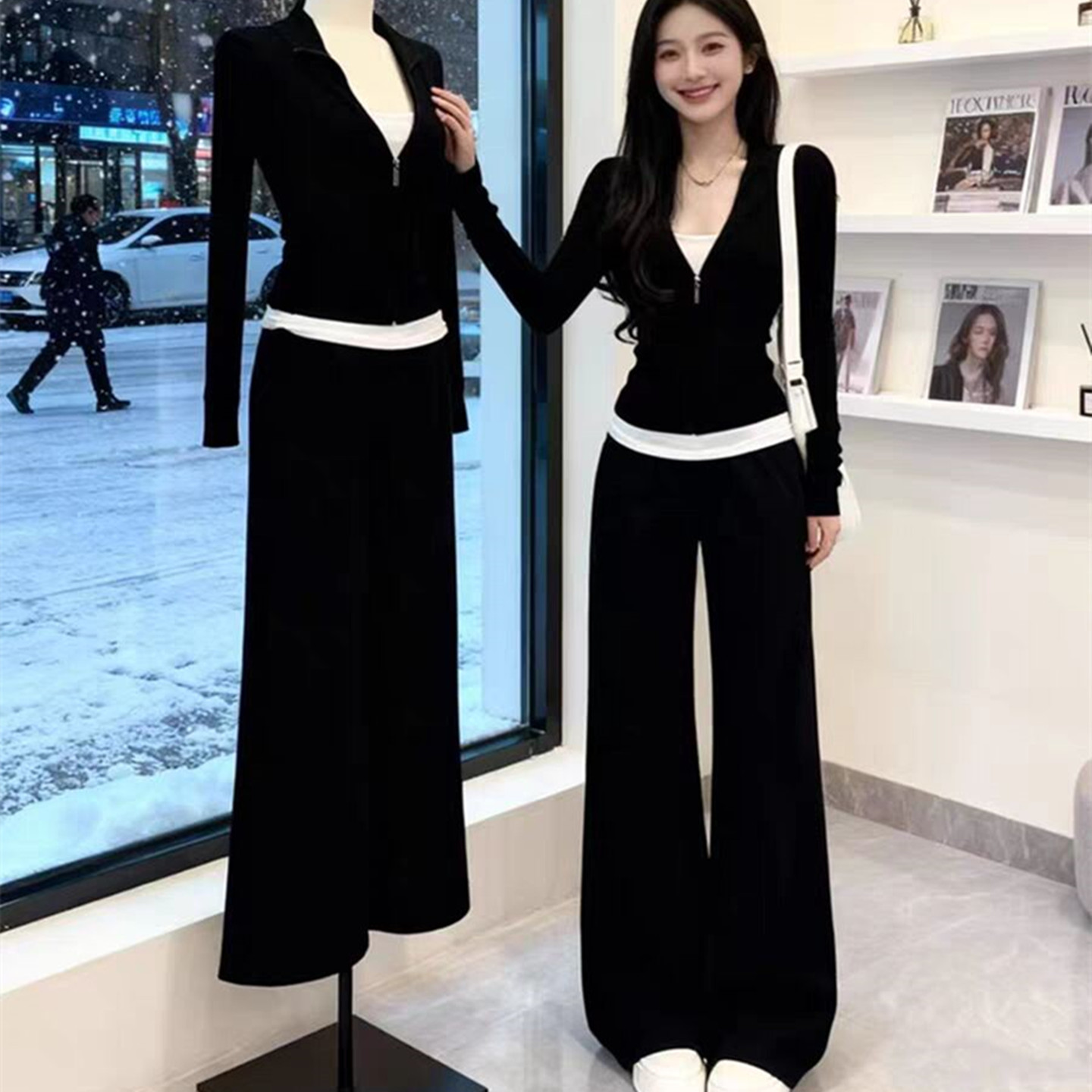 韩风chic独特假两件上衣阔腿裤女