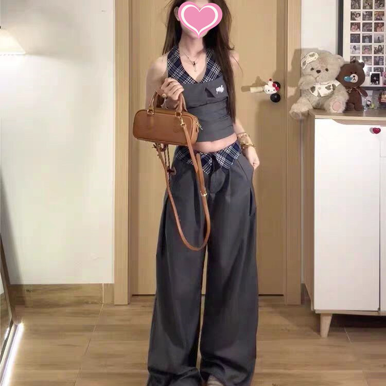 高级感纯欲辣妹挂脖上衣阔腿裤