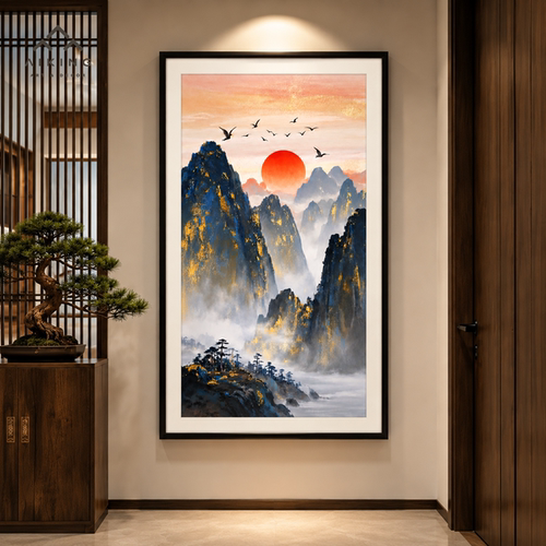 鸿日高飞红日飞鸟玄关挂画