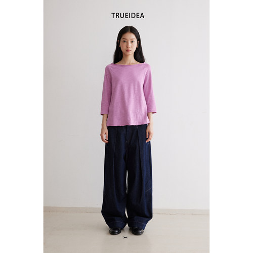TRUEIDEA   四季款撞色明线复古阔腿牛仔裤