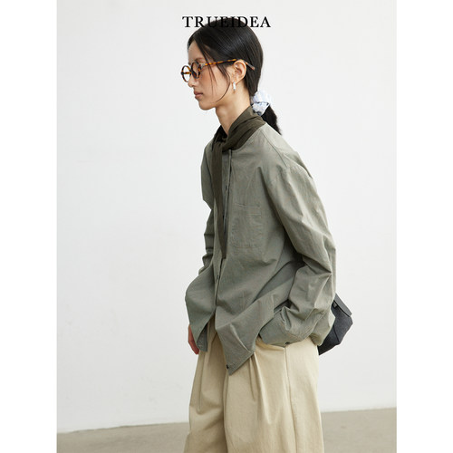 现货trueidea25秋冬 水洗亚麻棉立裁细格圆领衬衫